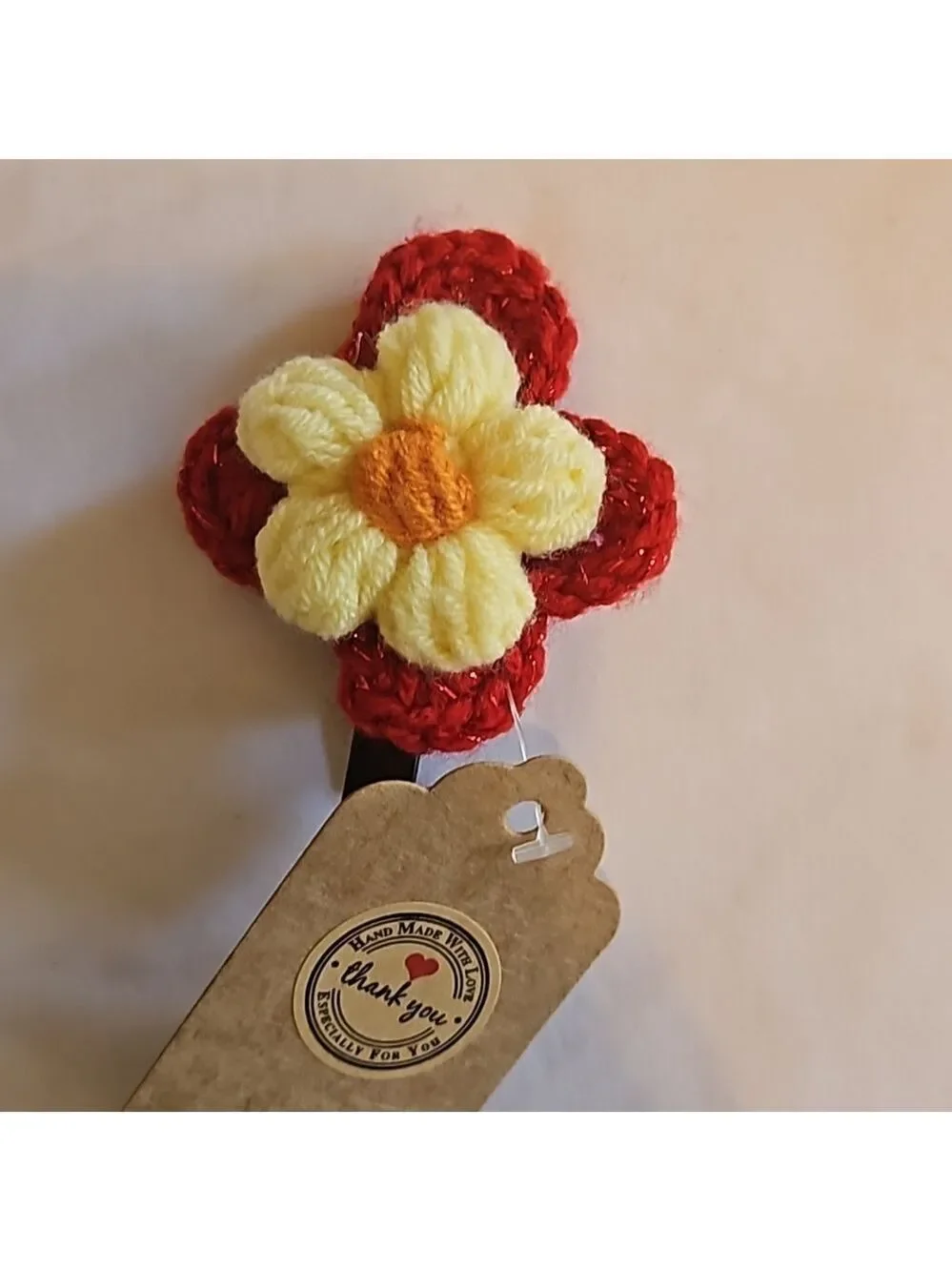 Hand Crafted bow hair accessory crochet red flower black alligator clip boho